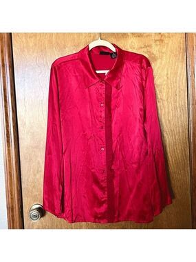 Vintage 1990s Crossing Pointe Red Silk Blouse Size XL Romantic Ruffle Detail